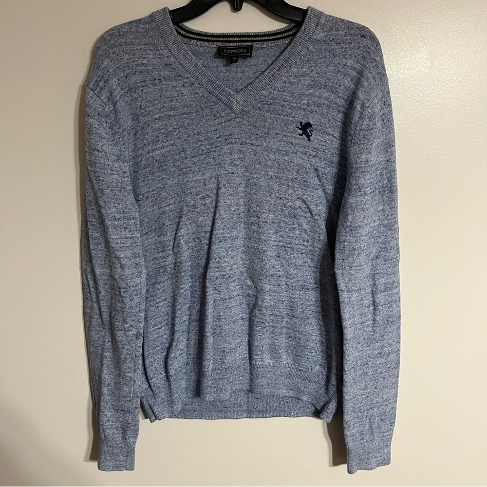 Mens Express Embroidered Logo V-Neck Cotton Sweater Size Medium Blue Gray‎